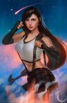 1girl bare_shoulders black_bra black_hair black_skirt bra breasts brown_eyes clenched_hands closed_mouth cowboy_shot crop_top crystal_fae earrings elbow_gloves elbow_pads fighting_stance final_fantasy final_fantasy_vii final_fantasy_vii_remake fingerless_gloves gloves hair_tie highres jewelry large_breasts long_hair low-tied_long_hair midriff miniskirt navel shirt shooting_star single_elbow_pad skirt sleeveless sleeveless_shirt solo sports_bra suspenders swept_bangs tifa_lockhart underwear web_address white_shirt 