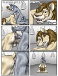  all_fours amber_eyes anal anal_penetration anthro balls blue_eyes butt canine comic digital_media_(artwork) duo erection feline grimace hitting_the_showers lion male male/male mammal monochrome pain penetration penis sex wolf wooky 