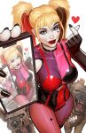  1girl alternate_costume black_gloves black_hair black_nails blonde_hair breasts bud_and_lou cellphone colored_skin comic_cover david_nakayama dc_comics elbow_gloves fingerless_gloves gloves harley_quinn heart_on_cheek highres holding holding_phone hyena initial large_breasts long_hair looking_at_viewer multicolored_hair official_art phone red_hair red_lips simple_background smartphone solo textless_version tongue tongue_out twintails white_background white_skin 