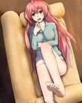  akashi_(kantai_collection) bad_feet barefoot blush breasts cellphone commentary_request couch green_eyes kantai_collection kurotora long_hair long_sleeves looking_at_viewer lying no_pants on_couch open_mouth phone pink_hair smartphone solo 