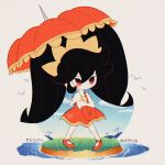  1girl ashley_(warioware) big_hair bird black_hair blush dress full_body hair_between_eyes hairband highres holding holding_umbrella island official_alternate_costume parasol procreate_(medium) red_dress red_eyes red_shoes shoes sleeveless sleeveless_dress solo standing sugarbee908 twintails umbrella warioware warioware:_move_it! yellow_hairband 