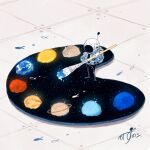  1other absurdres art_brush artist_name backpack bag blue_jacket commentary earth_(planet) fish flying_fish full_body gloves helmet highres holding holding_paintbrush indoors jacket jupiter_(planet) kazunoko_(kazunoko_zunoco) mars_(planet) mercury_(planet) mini_person neptune_(planet) original other_focus paint paint_palette paintbrush planet radio_antenna saturn_(planet) signature solar_system solo space space_helmet standing star_(sky) tile_floor tiles uranus_(planet) venus_(planet) white_gloves 