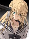  1girl beretta_92 blonde_hair braid collarbone green_eyes gun gun_to_head half_up_braid handgun heaven_burns_red highres long_hair ribbon school_uniform serafuku solo toujou_tsukasa weapon white_ribbon white_serafuku wuubaiwan 