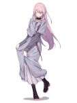  1girl bang_dream! bang_dream!_it&#039;s_mygo!!!!! black_boots boots chihaya_anon closed_eyes commentary dress full_body grey_dress hashtag-only_commentary highres kanade_(kanade_3344) layered_sleeves long_hair long_sleeves mitsuketa_keshiki_tazusaete open_mouth pink_hair shoelaces short_over_long_sleeves short_sleeves simple_background solo white_background 