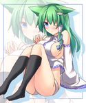  animal_ears arm_support bare_shoulders black_legwear blue_eyes blush breasts cat_ears cat_hair_ornament commentary_request detached_sleeves frog_hair_ornament green_hair hair_ornament hair_tubes highres japanese_clothes kemonomimi_mode knees_up kochiya_sanae large_breasts liya long_hair long_sleeves looking_at_viewer miko no_bra one_eye_closed sideboob sitting snake_hair_ornament socks solo touhou wide_sleeves zoom_layer 