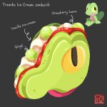  arrow_(symbol) artist_logo artist_name character-themed_food character_name food food_focus food_name grey_background highres ice_cream ice_cream_sandwich jam logo no_humans pokemon pokemon_(creature) simple_background treecko yuki00yo 