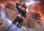  1boy battle belt black_gloves black_jacket black_pants black_shoes blue_eyes brown_belt brown_hair cropped_jacket fighting_stance final_fantasy final_fantasy_viii fuji_q fur-trimmed_jacket fur_trim furrowed_brow gloves holding holding_weapon jacket jewelry leather leather_jacket leather_pants leg_belt looking_at_viewer magic:_the_gathering male_focus multiple_belts necklace official_art pants parted_bangs scar scar_on_face scar_on_forehead shirt shoes short_hair solo squall_leonhart square_enix weapon white_fur white_shirt 
