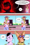 absurd_res ambiguous_species angry anthro awkward baltazarf beverage black_hair blood blood_on_shirt blood_stain blue_eyes bodily_fluids brown_body brown_eyes brown_fur canid canine canis clothing coffee coffee_machine coffee_mug comic dark_matter_(li&#039;l_melon) darkness dialogue duo english_text facial_scar flight_goggles fur glowing glowing_eyes grey_body grey_fur hair hi_res inside keurig kitchen li&#039;l_melon looking_down male mammal mohawk page_number pivoted_ears profanity red_eyes red_glow scar scarf shirt silhouette speech_bubble strays_in_paradise t-shirt text topwear window wolf