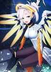  blonde_hair blue_eyes bodysuit boots breasts daydream_(zhdkffk21) gloves high_ponytail highres lips mechanical_halo mechanical_wings medium_breasts mercy_(overwatch) open_mouth overwatch pantyhose ponytail short_hair sitting solo staff wings yellow_wings 