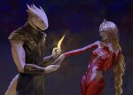  1boy 1girl baldur&#039;s_gate baldur&#039;s_gate_3 black_robe blonde_hair blue_background bodysuit brother_and_sister circlet cowboy_shot detached_sleeves dragon_boy dragon_horns dragon_tail dragonborn_(d&amp;d) dungeons_&amp;_dragons furry furry_male headpiece highres hip_vent holding holding_quill horns long_hair low-braided_long_hair low-tied_long_hair orin_the_red outstretched_arm quill red_bodysuit red_eyes robe siblings skyorange smile standing tail the_dark_urge_(baldur&#039;s_gate) 