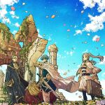  1girl 3boys beard blue_hair blue_sky book briefcase capelet cloak commentary earrings eisen_(sousou_no_frieren) elf facial_hair fake_horns falling_petals frieren glasses gold_trim grey_hair hair_between_eyes hair_slicked_back heiter helmet highres himmel_(sousou_no_frieren) holding holding_book holding_briefcase horned_helmet horns jewelry long_hair multiple_boys pants parted_bangs parted_lips petals pink_petals pointy_ears priest red_cloak ruins shirt short_hair skirt sky smile sousou_no_frieren striped_clothes striped_shirt sword toriga twintails warrior weapon white_capelet white_cloak white_pants white_skirt yellow_petals 