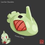  arrow_(symbol) artist_logo artist_name character-themed_food character_name chocolate food food_focus food_name grey_background highres larvitar logo no_humans pokemon pokemon_(creature) simple_background yuki00yo 
