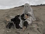  2boys apron barefoot beach closed_eyes couple crossdressing dress ghost_costume grey_sky headpat highres lap_pillow maid maid_apron maid_headdress male_focus male_maid minahamu multiple_boys original outdoors sand short_hair sky sleeping yaoi 