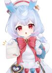  1girl absurdres animal_ears bag blue_hair bow bowtie commentary_request dress genshin_impact gloves hair_ornament hat highres holding holding_bag iroha_(mimi0618xx) light_blush long_sleeves looking_at_viewer melusine_(genshin_impact) nurse_cap open_mouth outstretched_arm paper_bag pom_pom_(clothes) pom_pom_hair_ornament red_bow red_bowtie red_eyes sigewinne_(genshin_impact) simple_background solo textless_version white_background white_bag white_gloves 