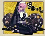  1girl absurdres ankle_cuffs belt black_bodysuit black_veil bodysuit breasts bulldog collar cuffs dog earrings guimpe hair_over_eyes harness highres jewelry juliet_sleeves latex latex_bodysuit long_hair long_sleeves medium_breasts nun original pink_eyes pink_hair puffy_sleeves pug ryuu_tou seiza shiny_clothes signature sitting skin_tight spiked_ball stirrup_legwear toeless_legwear veil 