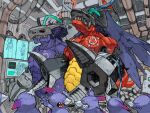  analog_boy02 arm_cannon black_wings cyborg digimon digimon_(creature) dragon gigadramon highres indoors mechanical_wings megadramon no_humans torn_wings weapon wings 