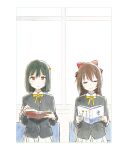  2girls artbook black_jacket blazer book bow brown_hair closed_eyes collared_shirt green_hair hair_bow hair_ribbon highres holding holding_book jacket long_hair long_sleeves love_live! love_live!_nijigasaki_high_school_idol_club mifune_shioriko multiple_girls neck_ribbon nijigasaki_school_uniform non-web_source official_art orange_eyes osaka_shizuku red_bow ribbon school_uniform shirt short_hair sidelocks skirt white_skirt winter_uniform 