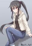  alternate_costume anti_(untea9) artist_name black_hair black_shirt denim hood hoodie jeans long_hair open_clothes open_hoodie pants ponytail purple_eyes scrunchie shirt sidelocks sweatdrop twitter_username very_long_hair yahagi_(kancolle) 