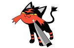  commentary commission english_commentary fangs gotchibam knife litten meme no_humans orange_stripes pokemon pokemon_(creature) pokemon_focus simple_background smile white_background yellow_eyes 