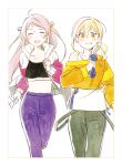  2girls ahoge artbook black_bra blonde_hair blush bra closed_eyes collarbone crop_top double_bun green_pants hair_bun highres jacket long_hair long_sleeves love_live! love_live!_nijigasaki_high_school_idol_club midriff miyashita_ai mole mole_under_eye multiple_girls navel non-web_source off_shoulder official_art open_mouth pants pink_hair purple_pants running shirt sidelocks smile sports_bra sweat tongue tongue_out two_side_up underwear white_background yellow_eyes yellow_shirt zhong_lanzhu 