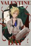  1boy absurdres artist_name black_shirt blue_eyes blue_necktie box chair character_name chocolate collared_shirt crossed_legs final_fantasy final_fantasy_vii hair_between_eyes happy_valentine heart-shaped_box highres jacket lyell_ff14 male_focus necktie on_chair pants red_ribbon ribbon shirt short_hair sitting solo spiked_hair suit suit_jacket tie_clip tongue valentine white_jacket white_pants white_suit window 