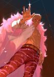  1boy artist_name blonde_hair coat cowboy_shot donquixote_doflamingo earrings grin highres ikuman jewelry male_focus muscular muscular_male one_piece open_clothes open_shirt pink_coat shirt short_hair smile solo sparkle sunglasses thread white_shirt 