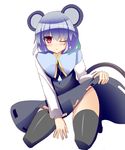  ;o animal_ears ass_visible_through_thighs black_dress black_legwear blue_hair blush capelet commentary_request dress dress_lift highres jewelry kneeling liya long_sleeves looking_at_viewer mouse_ears mouse_tail nazrin one_eye_closed pendant puffy_long_sleeves puffy_sleeves red_eyes solo tail thighhighs touhou white_background 
