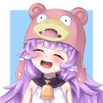  1girl animal_ear_fluff animal_ears bell blush closed_eyes cow_ears cow_girl cowbell equus_ignis hat highres long_hair mole mole_under_mouth muu_muyu open_mouth phase_connect pink_hat pokemon purple_hair shirt sleeveless sleeveless_shirt slowpoke upper_body virtual_youtuber white_shirt 