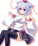  animal_ears bare_shoulders black_legwear black_skirt blush breasts commentary_request detached_sleeves hat inubashiri_momiji liya long_sleeves medium_breasts pom_pom_(clothes) red_eyes short_hair silver_hair skirt smile solo thighhighs tokin_hat touhou wide_sleeves wolf_ears 