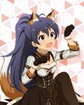  1girl animal_ear_fluff animal_ears antenna_hair aqua_eyes black_hair blush bodice breasts brown_dress brown_gloves detached_collar dirndl dot_nose double-parted_bangs dress eyelashes fake_animal_ears fang fox_ears fox_tail frilled_sleeves frills fur-trimmed_collar fur-trimmed_gloves fur_trim ganaha_hibiki german_clothes gloves idolmaster idolmaster_(classic) idolmaster_million_live! idolmaster_million_live!_theater_days knee_up konkon_comfort_(idolmaster) light_blush long_hair looking_ahead neck_ribbon official_alternate_costume official_art open_mouth paw_pose ponytail ribbon shirt sidelocks sleeveless sleeveless_dress small_breasts solo tail three-quarter_sleeves triangle_background underbust very_long_hair white_shirt 