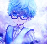  black-framed_eyewear blue_eyes blue_hair bow bowtie fate/extra fate/extra_ccc fate_(series) glasses hans_christian_andersen_(fate) looking_at_viewer male_focus open_mouth sabikawa solo sweater_vest upper_body 