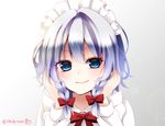  blouse blue_eyes braid chitose_(usacan) close-up closed_mouth eyes_visible_through_hair face gradient gradient_background hair_between_eyes hands_on_own_cheeks hands_on_own_face izayoi_sakuya long_sleeves looking_at_viewer maid_headdress red_ribbon ribbon short_hair silver_background silver_hair smile solo touhou twin_braids white_background white_blouse 
