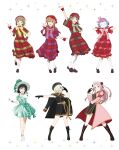  6+girls ahoge artbook black_gloves blonde_hair blue_eyes boots bow bowtie brown_hair double_bun dress emma_verde full_body gloves green_bow green_bowtie green_dress green_hair grey_hair hair_bun hair_over_one_eye hat highres konoe_kanata long_hair looking_at_viewer love_live! love_live!_nijigasaki_high_school_idol_club mia_taylor mifune_shioriko mole mole_under_eye multiple_girls nakasu_kasumi non-web_source official_art one_eye_closed open_mouth pantyhose pink_bow pink_bowtie pink_eyes pink_hair plaid_clothes plaid_dress purple_bow purple_bowtie purple_eyes red_dress red_eyes ribbon rina-chan_board short_hair smile socks standing tennoji_rina twintails white_background white_gloves wrist_cuffs yellow_bow yellow_bowtie zhong_lanzhu 