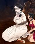  2girls absurdres ada_wong alcina_dimitrescu bdsm black_hair bondage bound breasts cleavage dress earrings fang glaring highres jewelry kneehighs large_breasts lost_one_zero multiple_girls red_dress resident_evil resident_evil_village restrained short_hair smile socks tickling tickling_feet white_dress yellow_eyes yuri 