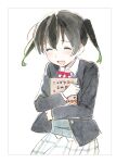  1girl artbook black_hair black_jacket blazer blush book bow closed_eyes collared_shirt facing_viewer gradient_hair green_hair grey_skirt hair_between_eyes highres holding holding_book hugging_object jacket long_sleeves love_live! love_live!_nijigasaki_high_school_idol_club multicolored_hair nijigasaki_school_uniform non-web_source official_art open_clothes open_jacket open_mouth outline plaid_clothes plaid_skirt pleated_skirt ribbon school_uniform shirt simple_background skirt smile solo takasaki_yu twintails two-tone_hair white_background white_shirt white_skirt winter_uniform 