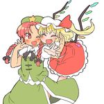  :d alternate_eye_color beret black_bow black_neckwear blonde_hair blush bow bowtie braid closed_eyes commentary_request fang flandre_scarlet glomp green_hat green_skirt green_vest hair_ribbon hat hat_ribbon hong_meiling hug ini_(inunabe00) interlocked_fingers mob_cap multiple_girls one_eye_closed open_mouth outstretched_arms puffy_short_sleeves puffy_sleeves red_eyes red_hair red_ribbon red_skirt ribbon short_sleeves side_ponytail simple_background skirt skirt_set smile star star_pin touhou tress_ribbon twin_braids vest white_background white_hat wing_collar wings 