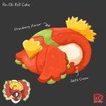  arrow_(symbol) artist_logo artist_name cake character-themed_food character_name cream food food_focus food_name grey_background highres ho-oh logo no_humans pokemon pokemon_(creature) simple_background swiss_roll yuki00yo 