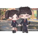  1boy 1girl :3 ? ^_^ animal_ears animification black_jacket black_pants black_shoes black_skirt black_suit blazer blush blush_stickers border bow bowtie brown_eyes brown_hair chibi chinese_commentary closed_eyes closed_mouth collared_jacket collared_shirt commentary_request cross-laced_shoes dog_ears dog_tail dot_nose drawn_ears drawn_tail dress_shoes eyelashes floppy_ears grey_shoes happy hetero highres holding_hands jacket lapels letterboxed light_blush light_frown lin_yang_(my_huckleberry_friends) long_sleeves looking_at_another miniskirt my_huckleberry_friends necktie nervous notched_lapels notice_lines outline outside_border pants photo_background pillar pleated_skirt ponytail qianwa_shi_biao red_bow red_bowtie red_necktie school_uniform shade shirt shoes short_hair short_ponytail side_ponytail single_blush_sticker skirt smile spoken_question_mark suit tail tree white_border white_outline white_shirt yu_zhou_zhou 