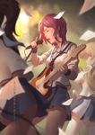  angel_beats! artist_name bangs blonde_hair breasts brown_hair commentary_request guitar highres hisako_(angel_beats!) instrument iwasawa long_hair multiple_girls music ponytail red_eyes red_hair regition school_uniform sekine serafuku shinda_sekai_sensen_uniform short_hair singing sleeves_rolled_up small_breasts thighhighs 