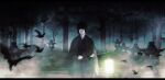  1boy bird black_hair black_kimono blunt_bangs blunt_ends crow expressionless green_haori haori holding holding_lantern japanese_clothes kimono lantern letterboxed looking_to_the_side male_focus sengoku_basara shibata_katsuie_(sengoku_basara) short_hair solo torii toruglose 