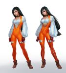  1girl black_choker black_hair blunt_ends bodysuit boots breasts brown_boots choker closed_mouth crystal_fae final_fantasy final_fantasy_ix full_body garnet_til_alexandros_xvii gloves hair_between_eyes hair_tie highres long_hair long_sleeves looking_at_viewer looking_to_the_side low-tied_long_hair medium_breasts multiple_views orange_bodysuit puffy_long_sleeves puffy_sleeves red_gloves shirt solo standing thigh_strap underbust white_background white_shirt 