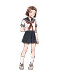  1girl ankle_socks arm_at_side arm_behind_back bangs_pinned_back blue_sailor_collar blue_skirt bob_cut brown_eyes brown_hair coincoinco curtained_hair dot_nose full_body grin hair_ornament hairpin hand_on_own_arm heart heart_hair_ornament highres knee_blush legs_apart light_blush looking_at_viewer neckerchief negative_space parted_hair pleated_skirt raised_eyebrow red_neckerchief sailor_collar school_uniform serafuku shirt shoes short_hair simple_background skirt smile sneakers socks solo standing tachibana_an tennis_no_ouji-sama white_background white_shirt white_shoes 