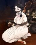  4girls absurdres alcina_dimitrescu blonde_hair bound bound_together breasts cleavage cloth_gag daniela_dimitrescu dress gag gagged glaring highres improvised_gag large_breasts large_hat looking_at_viewer lost_one_zero multiple_girls over_the_mouth_gag resident_evil resident_evil_village restrained shaded_face white_dress 