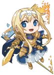  1girl alice_zuberg armor armored_dress blonde_hair blue_cape blue_eyes body_armor braid braided_ponytail breastplate bunbun cape chibi dress glowing glowing_sword glowing_weapon gold_armor gold_gloves hairband highres holding holding_sword holding_weapon knight long_hair long_sleeves open_mouth osmanthus_blade plate_armor sword sword_art_online sword_art_online:_alicization unsheathed weapon white_hairband 