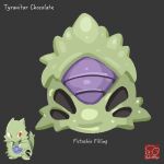  arrow_(symbol) artist_logo artist_name character-themed_food character_name chocolate food food_focus food_name grey_background highres logo no_humans pokemon pokemon_(creature) simple_background tyranitar yuki00yo 