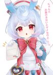  1girl absurdres animal_ears bag blue_hair bow bowtie commentary_request dress genshin_impact gloves hair_ornament hat highres holding holding_bag iroha_(mimi0618xx) light_blush long_sleeves looking_at_viewer melusine_(genshin_impact) nurse_cap open_mouth outstretched_arm paper_bag pom_pom_(clothes) pom_pom_hair_ornament red_bow red_bowtie red_eyes sigewinne_(genshin_impact) simple_background solo translation_request twitter_username white_background white_bag white_gloves 