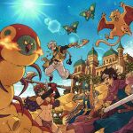  2boys 2girls armor axe bag bare_shoulders battle bikini_armor black_hair black_shirt blue_hair blue_hat blue_tabard blue_tunic bodysuit boomerang breasts brown_gloves circlet cleavage clenched_teeth cloak cross desert dragon_quest dragon_quest_iii elbow_gloves furrowed_brow gem gloves grey_hair hat helmet highres holding holding_axe holding_bag holding_staff holding_sword holding_weapon long_hair medium_breasts mitre monster multiple_boys multiple_girls open_mouth orange_bodysuit outdoors pants pelvic_curtain priest_(dq3) purple_cloak purple_hair red_gloves red_helmet roto_(dq3) sand_dune shirt short_hair shoulder_armor shouting sideboob staff sweat sword tabard teeth thief_(dq3) toriga tunic warrior_(dq3) weapon white_pants winged_cat winged_helmet yellow_gemstone yellow_gloves yellow_shirt 