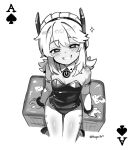  1girl absurdres ace_(playing_card) artist_name bare_arms bare_legs bare_shoulders blush borrowed_character breasts card commentary detached_collar digitan_(porforever) english_commentary fang from_above greyscale grin hair_between_eyes head_tilt hepari highres leotard long_hair looking_at_viewer maid_headdress monochrome original playing_card power_symbol robot_ears simple_background sitting small_breasts smile solo strapless strapless_leotard thigh_gap twitter_username wristband 