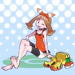  bike_shorts brown_hair hair_ribbon haruka_(pokemon) haruka_(pokemon)_(remake) pokeball pokemon pokemon_oras wink 