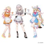  3girls ahoge animal_ears apron black_gloves black_socks blonde_hair blue_shirt blue_shoes blue_skirt closed_mouth double_bun food fox_ears fox_girl fox_tail full_body gloves grey_hair grey_shirt grey_shoes grey_skirt gyaru_v hair_bun hand_on_own_hip hololive lion_ears lion_girl lion_tail long_hair looking_at_viewer maid maid_apron maid_headdress momosuzu_nene moya_(toatomoot) multicolored_hair multicolored_shoes multiple_girls official_art omaru_polka open_mouth orange_shirt orange_skirt pink_hair pink_shoes plate shirt shishiro_botan shoes short_sleeves simple_background skirt smile socks standing standing_on_one_leg streaked_hair tail tongue tongue_out two-tone_shoes two_side_up v very_long_hair virtual_youtuber white_apron white_background white_socks yellow_shoes 